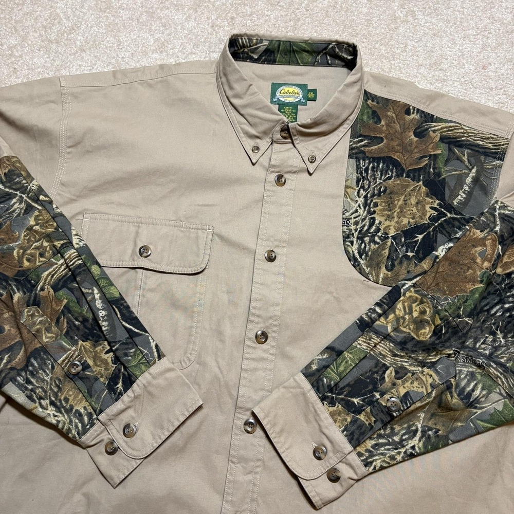 Cabela's Shirt Mens 2XL Beige‎ Camo Panels Button Up Hunting Shooting Outdoor